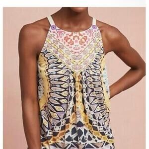 One September Anthropologie Embroidered Boho Print High Neck Summer Tank Top Lrg